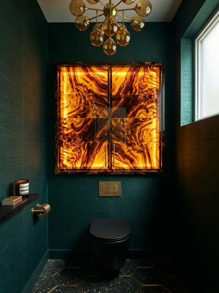 Amber backlit stone cabinet mounted over a black toilet in a green bathroom