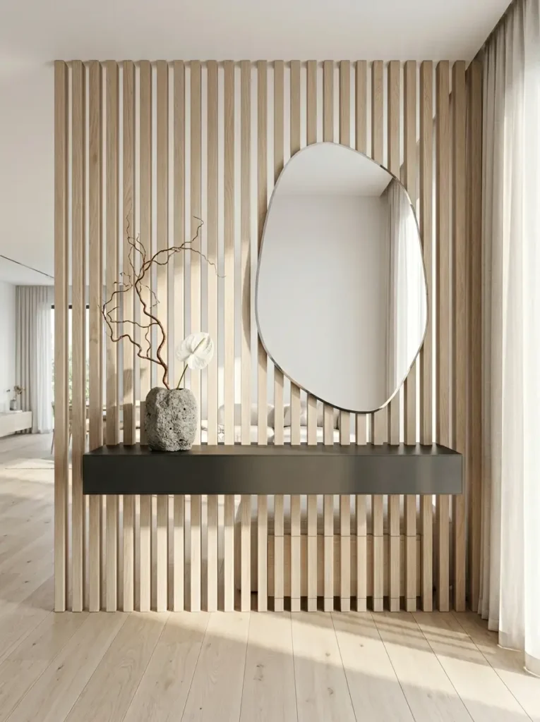 Vertical wooden slats separate a bright room behind an organically shaped mirror and dark floating shelf.