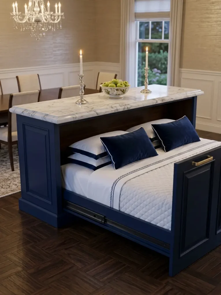 Kitchen Island Hidden Bed Kitchen island with a marble top that conceals a slide out affordable murphy bed.