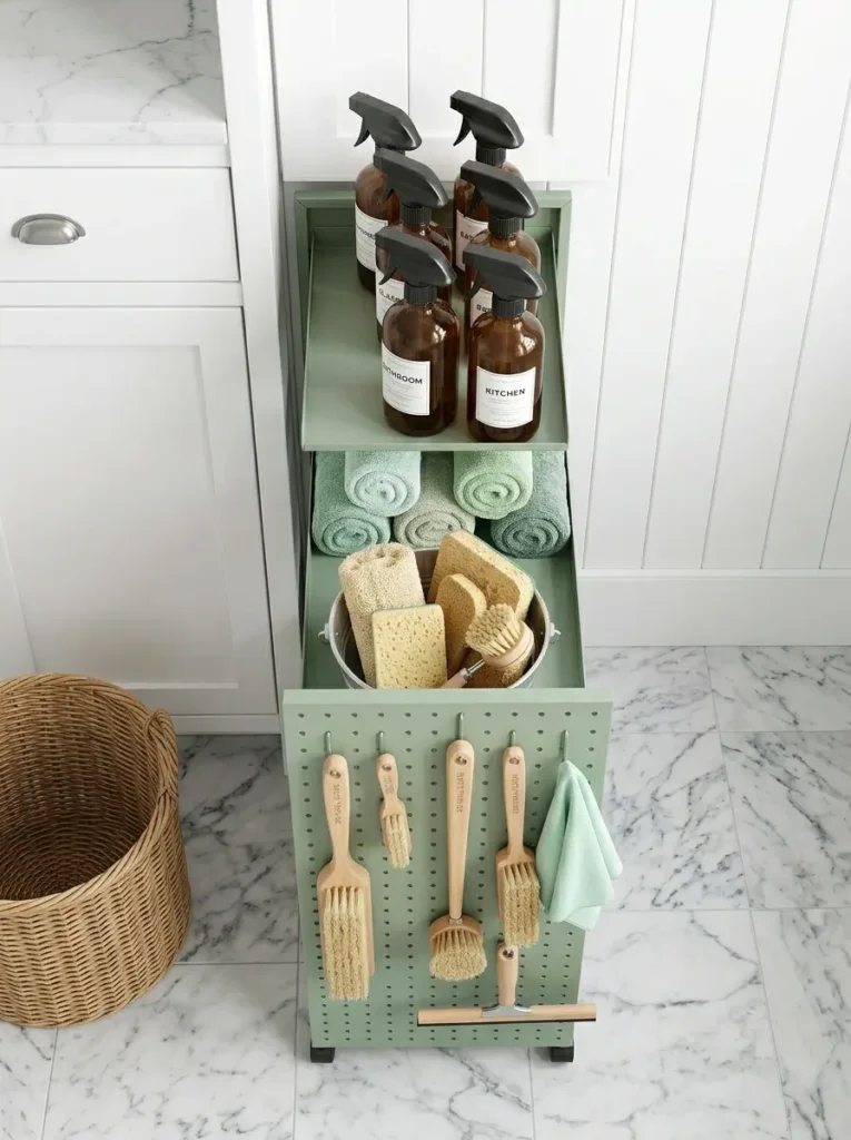 Slim sage green metal cart with pegboard front and cleaning supplies
