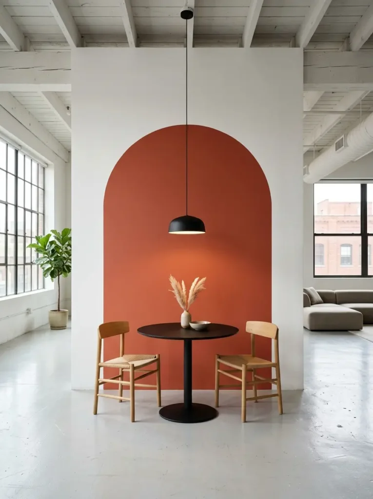 Painted Terracotta Wall Arch Terracotta painted arch shape on a white wall framing a small black dining table and chairs.