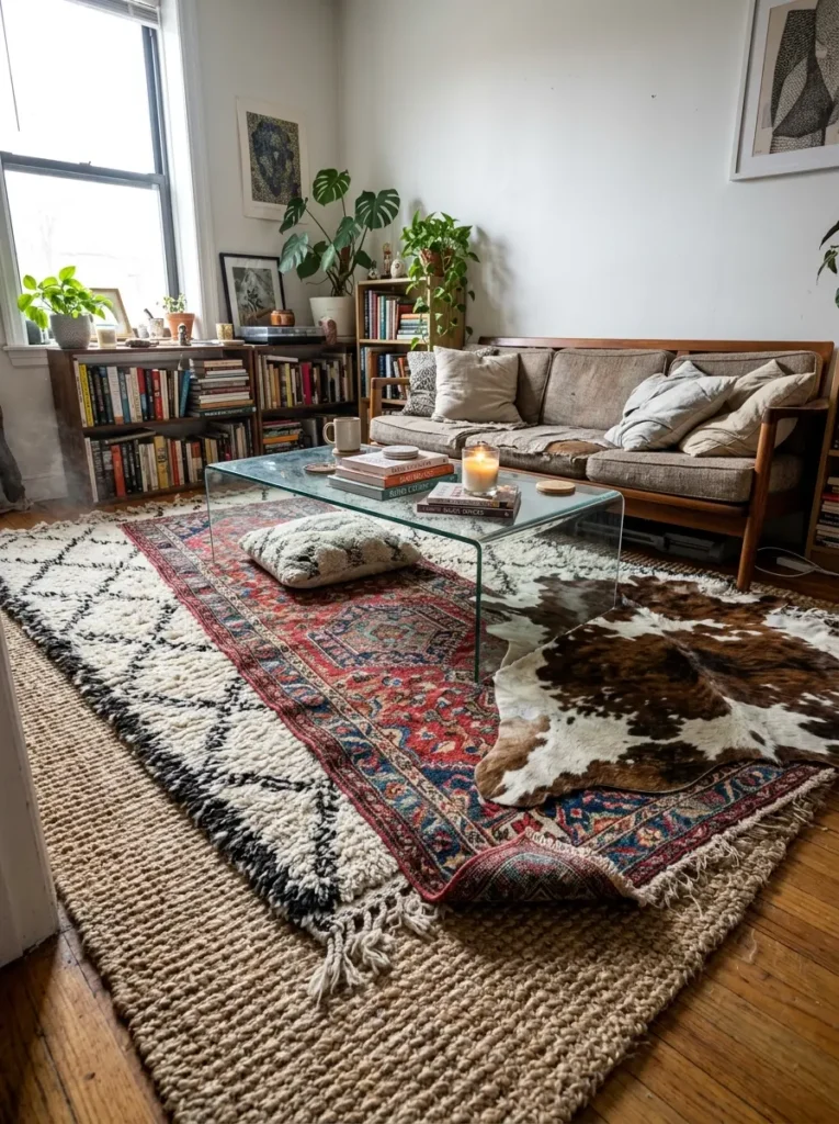 Living room floor covered with a chaotic mix of a thick woven mat an ornate patterned rug and an animal hide