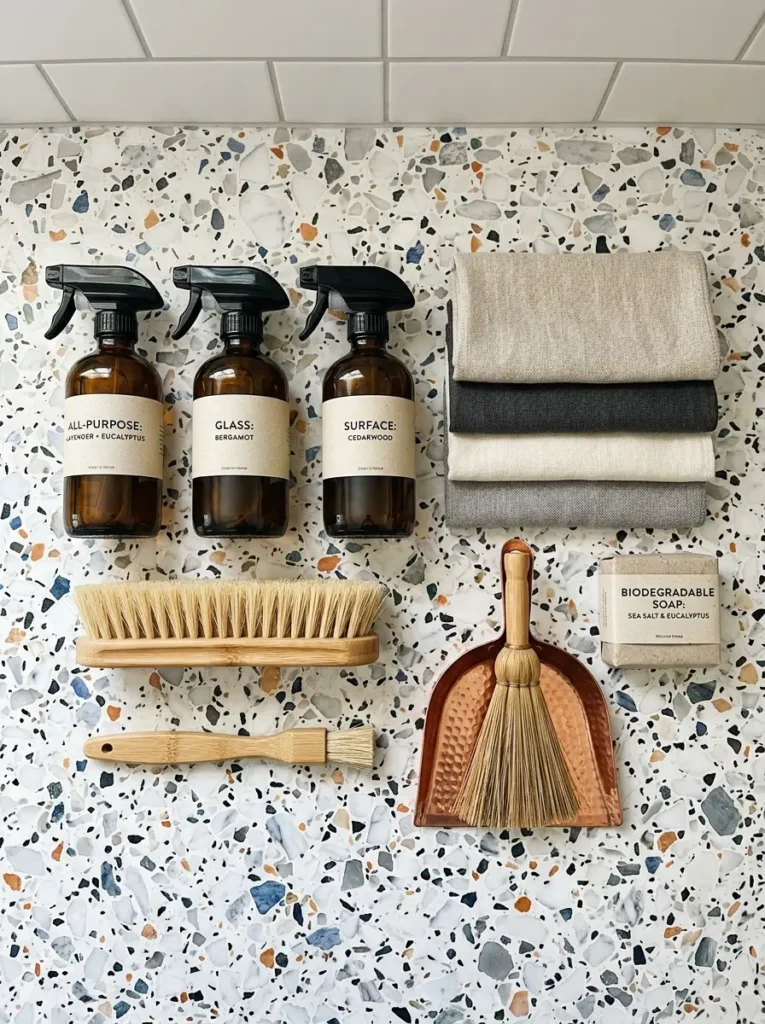 Brown glass spray bottles and natural brushes line up neatly on a terrazzo stone surface.
