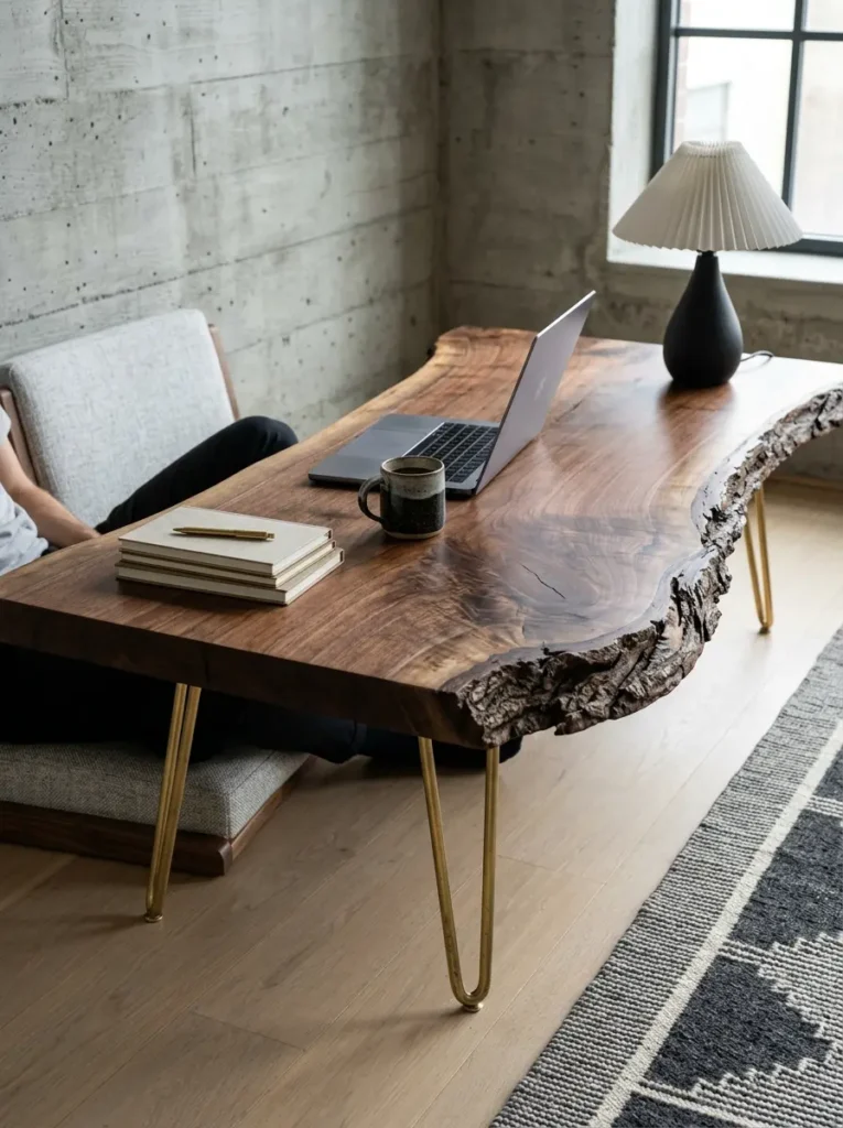 Live Edge Wood Floor Desk Low walnut wood desk with a natural bark edge supported by golden hairpin legs