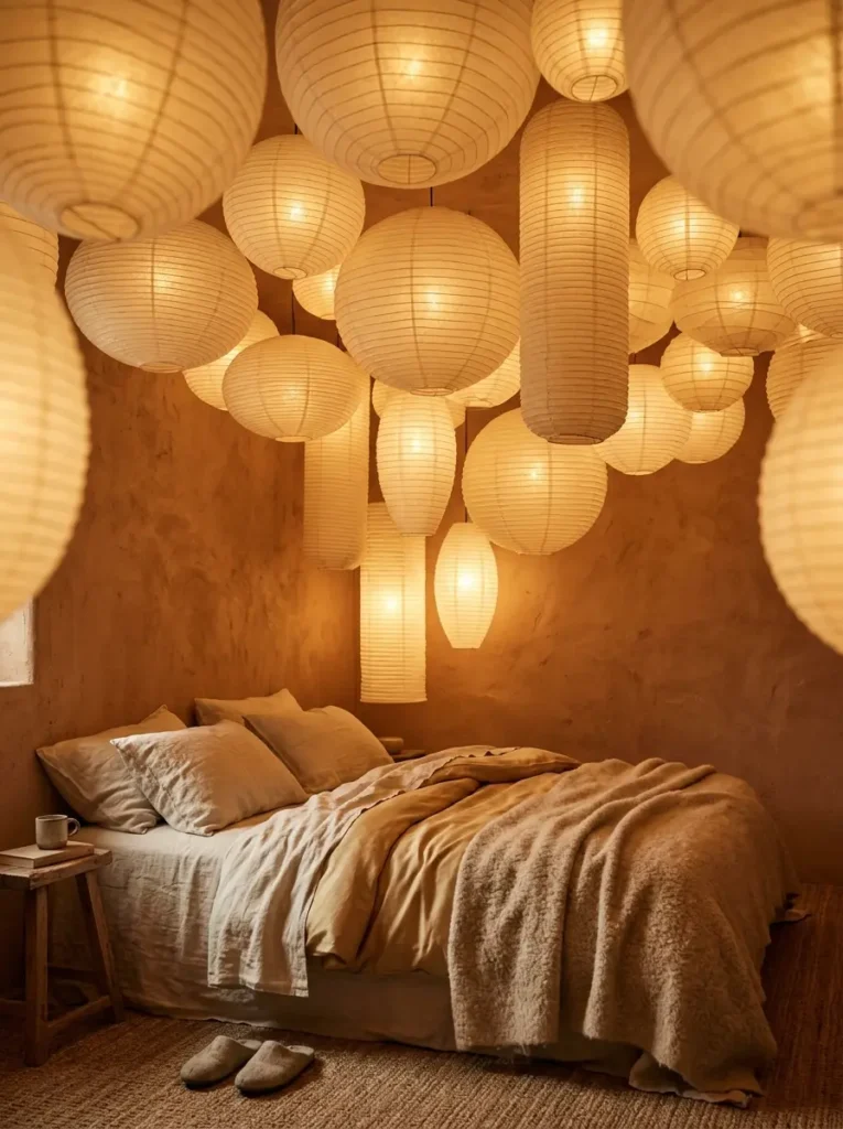 Cluster of round paper lanterns providing soft lighting for dark apartments.