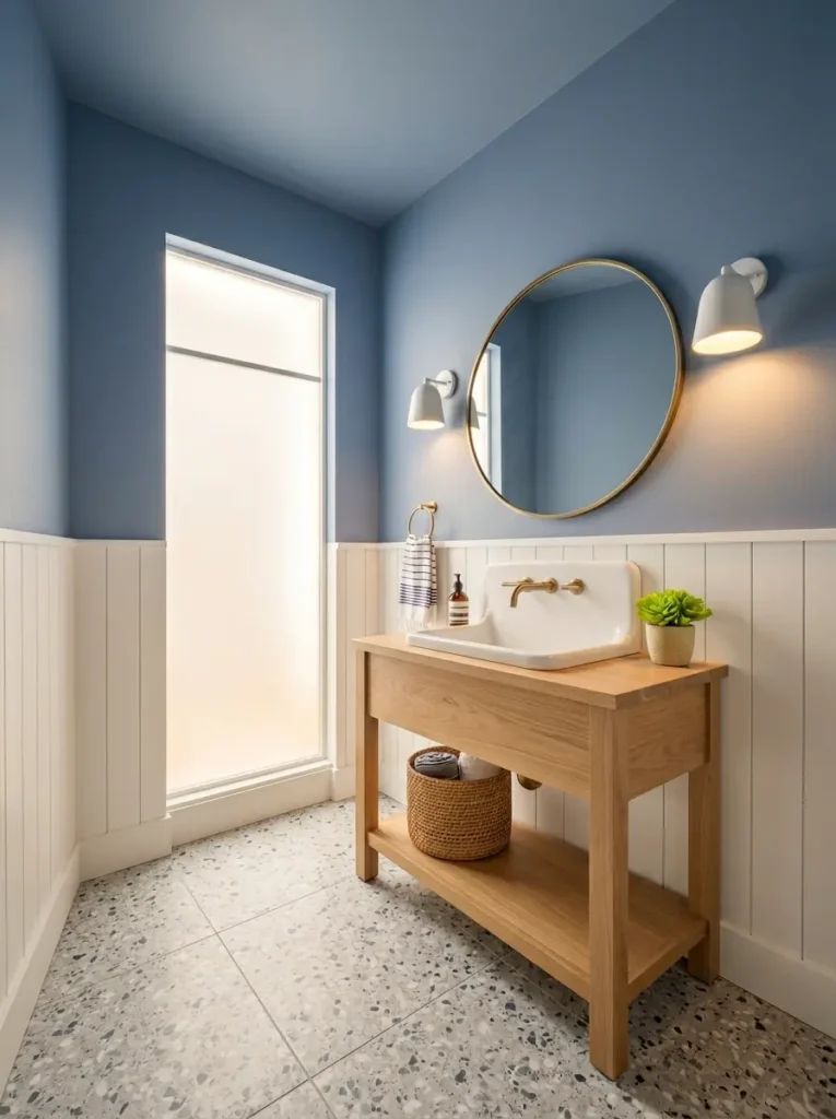 Dusty Blue Farmhouse Bathroom Soft dusty blue walls with white shiplap and wood console