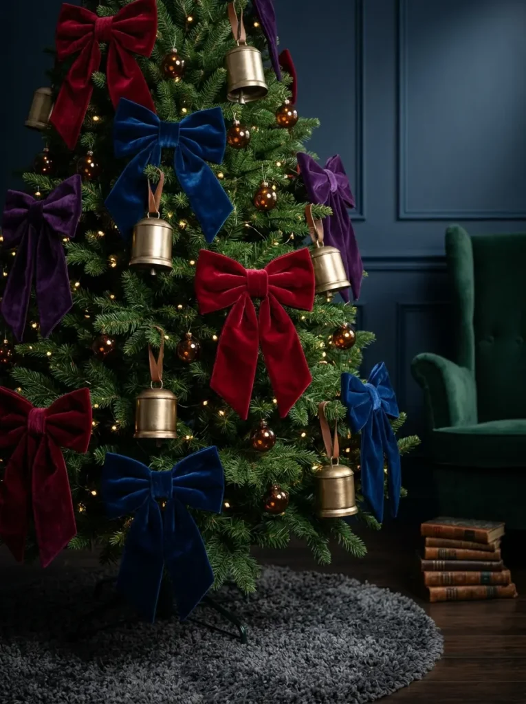 Green Christmas tree covered in oversized jewel tone velvet bows and large brass bells