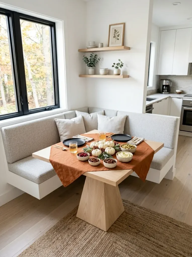 L shaped bench seating fitting into a window corner around a triangular wooden dining table