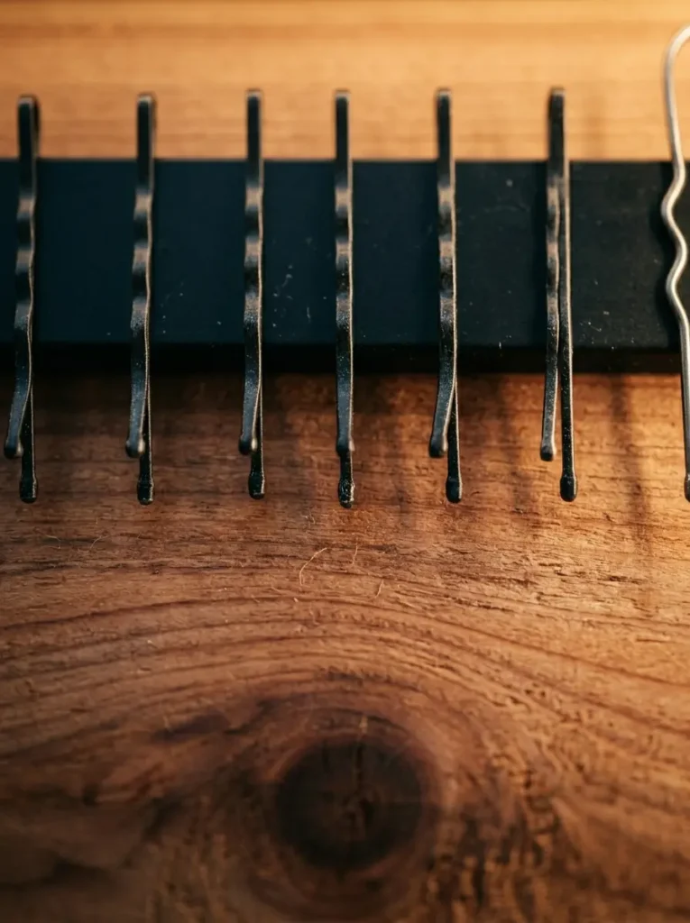 Black metal bobby pins stick evenly spaced along a dark magnetic band above a wooden drawer bottom.