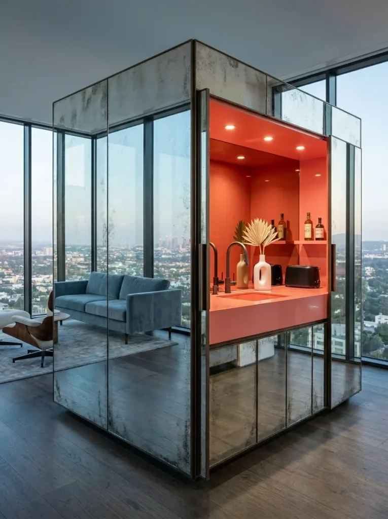 A large freestanding cube clad in antiqued mirrors with one panel slid open, revealing a bright coral pink kitchen interior.