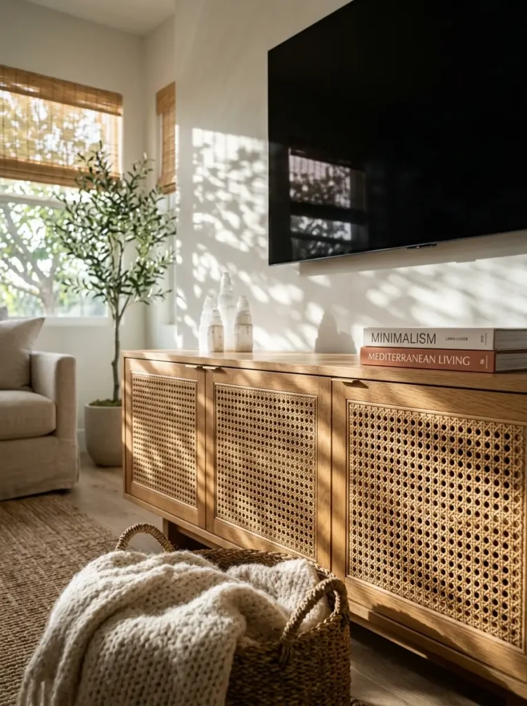 Woven rattan media console sits below a floating screen in a sunny small living room tv wall.