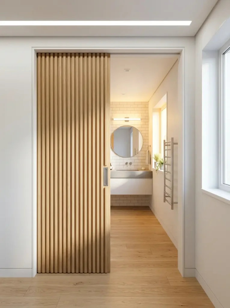 Vertical oak slatted door sliding smoothly into a white wall cavity leading to a bright tiled bathroom interior.