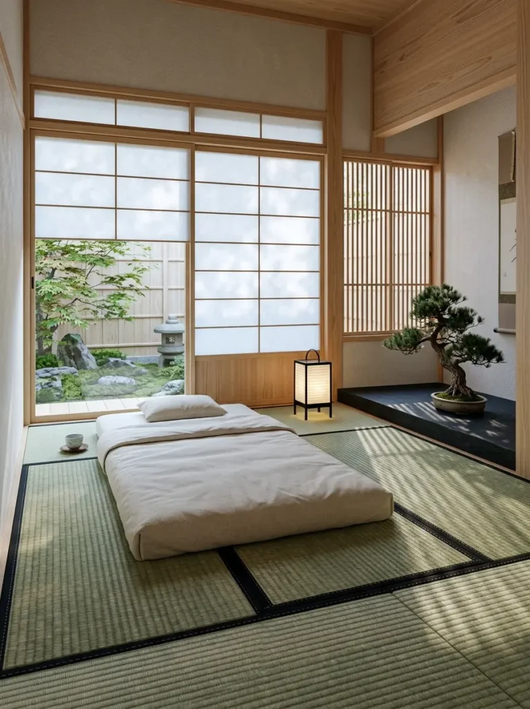 Serene Japanese style room featuring a floor mattress on green tatami mats with sliding shoji screens and a bonsai tree