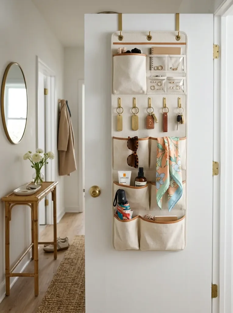Fabric pockets on a white door hold keys sunglasses and colorful scarves.