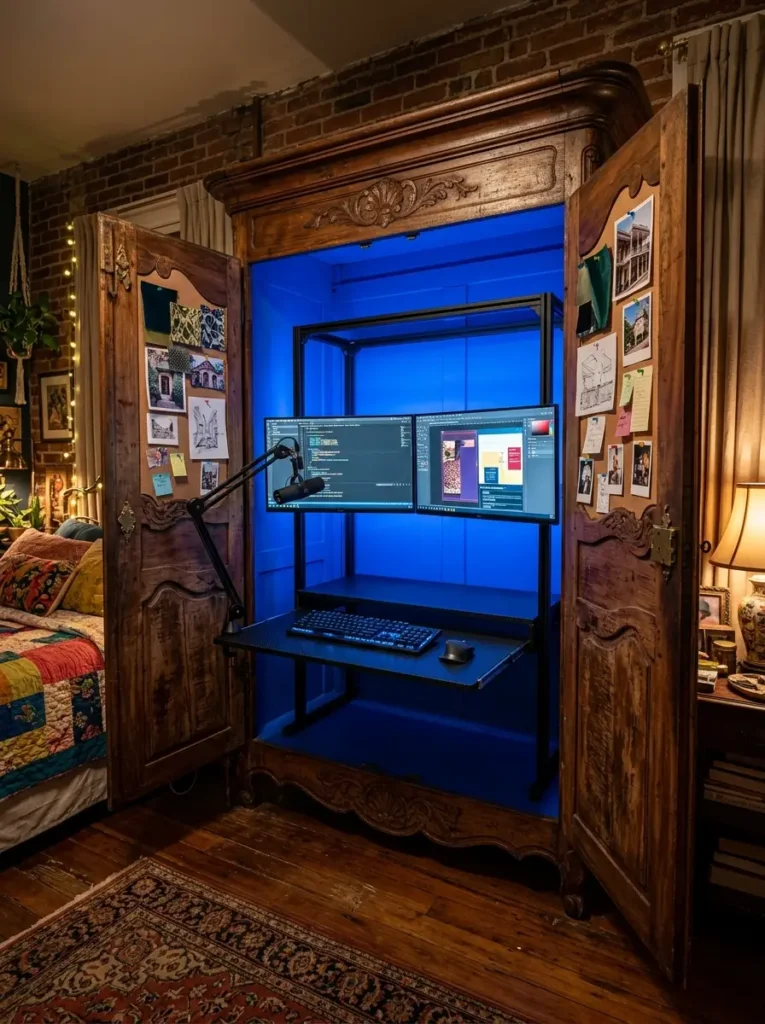 Open antique wardrobe containing computer monitors and blue lights.