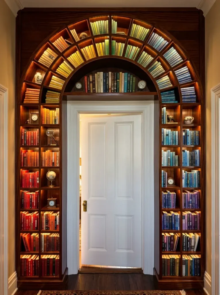 Dark wood arched shelving built around a white door filled with color coordinated books.