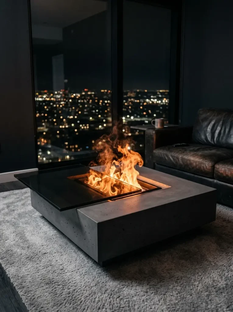 Concrete Fire Pit Table Square concrete table with a sliding metal cover revealing a burning fire pit inside.