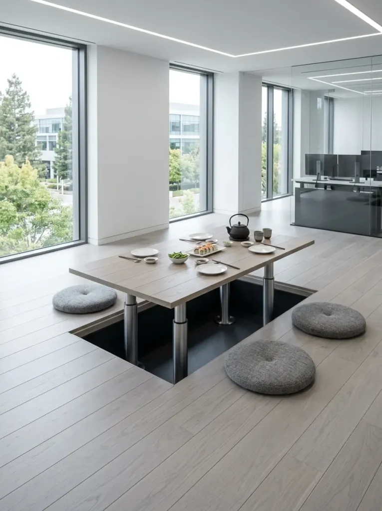 Hidden Rising Floor Cylinder Dining Platform Wooden rising space saving dining table elevated from a hidden floor compartment with floor cushions.