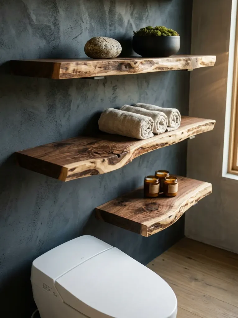 Three live edge walnut wood floating shelves holding rolled towels above a toilet