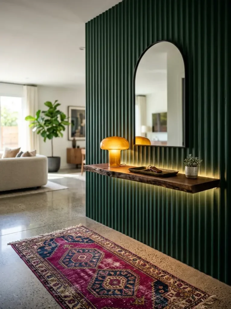 Dark green fluted wall panels hold a lit wooden shelf and a glowing amber mushroom lamp.