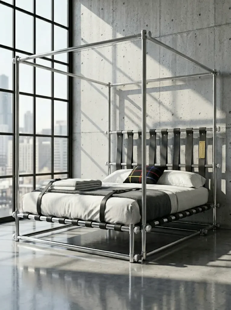Chrome Pipe and Leather Canopy Industrial chrome pipe four poster canopy affordable murphy bed with woven black leather straps.
