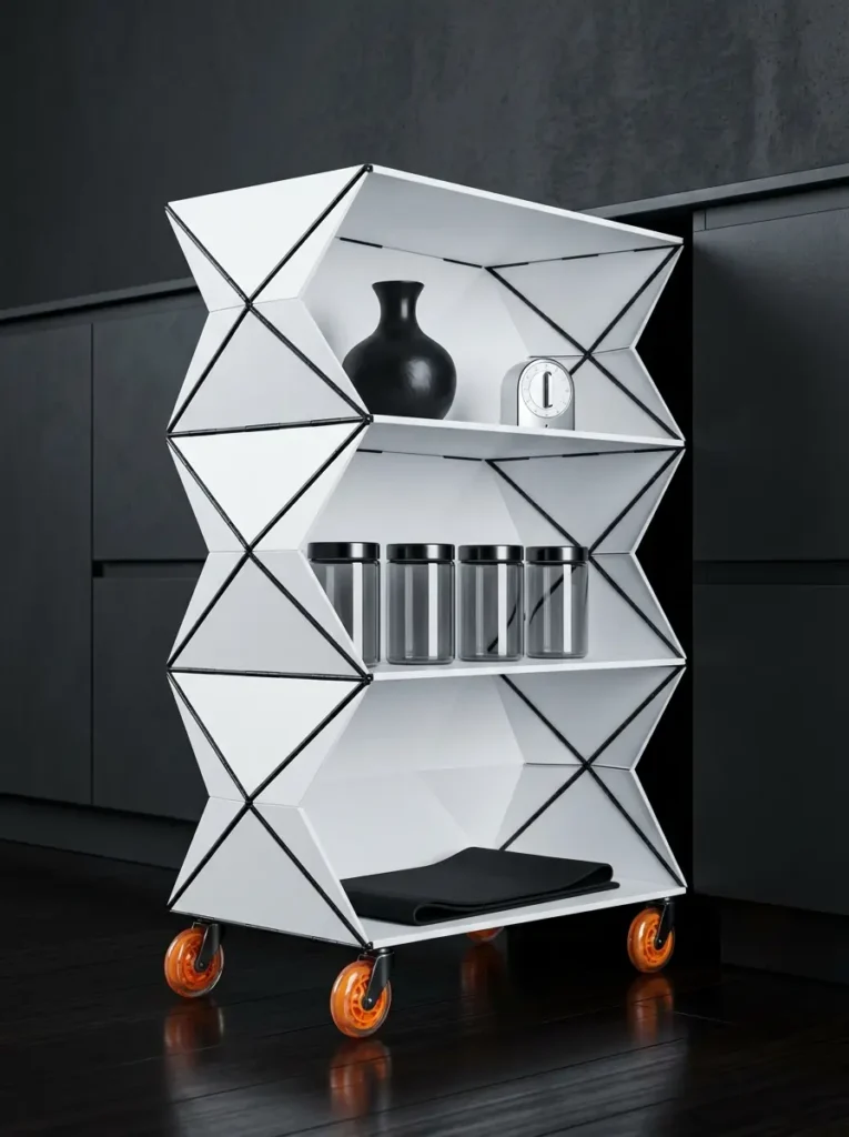 White geometric cart with triangular folds and orange translucent wheels