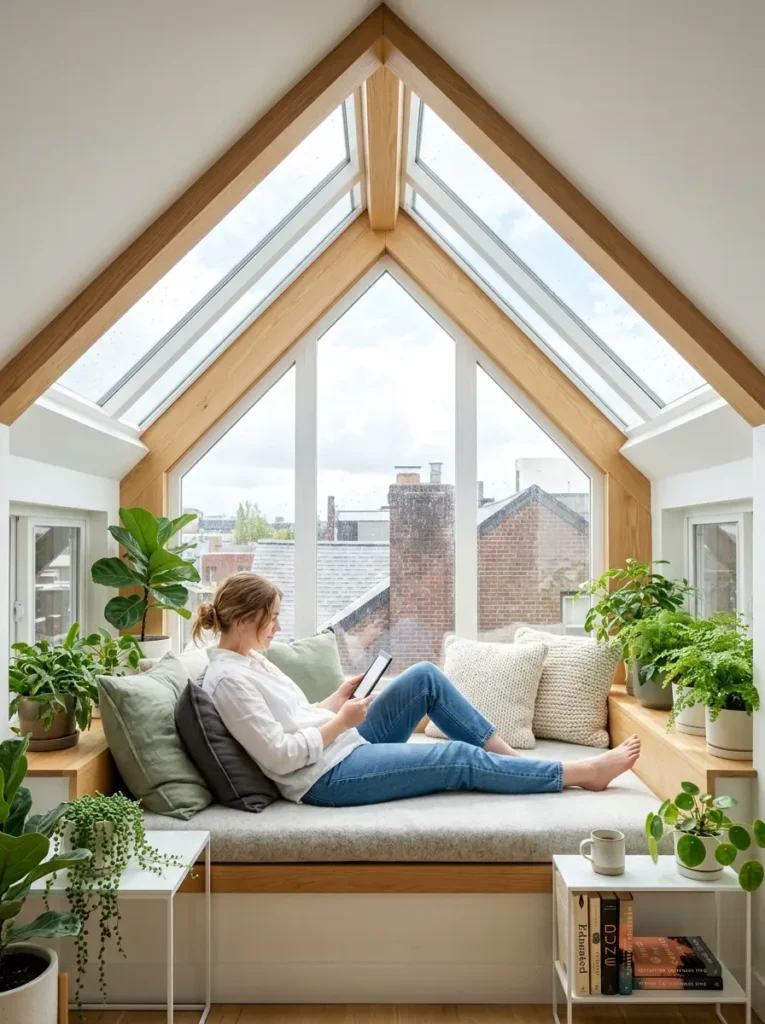 Angled Window Bench Woman reading an electronic device on a bench under angled attic windows.