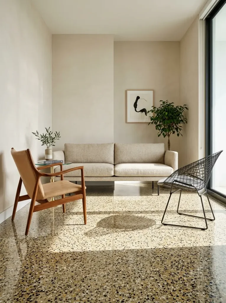 Furniture With Exposed Legs Light beige sofa and mid century chairs with thin exposed legs on a speckled terrazzo floor.