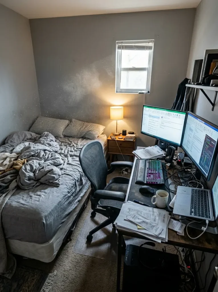 Massive dual monitor computer setup and messy paperwork squeezed tightly against an unmade bed in a small room