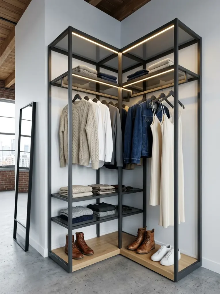 Tall black metal frames hold organized clothing inside an open corner closet.
