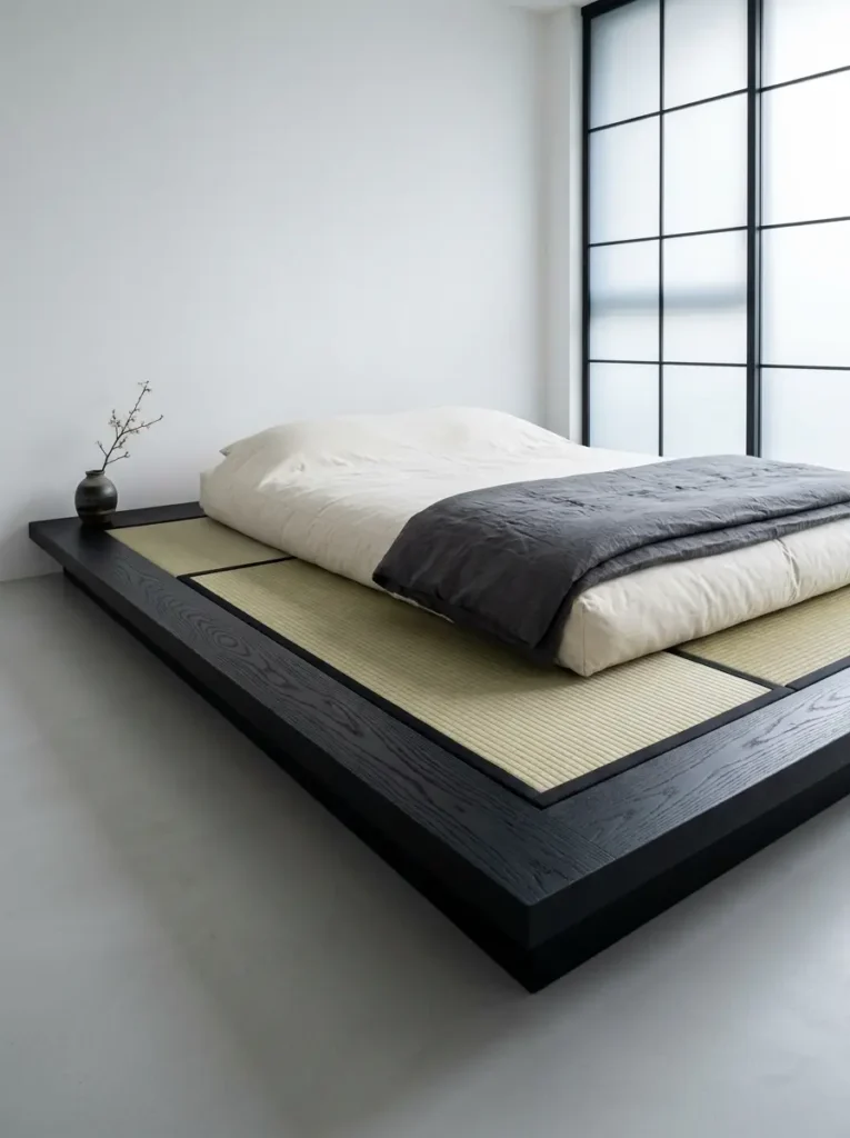 Tatami Mat Platform Bed Black wooden bed frame base holding traditional woven tatami mats under white bedding