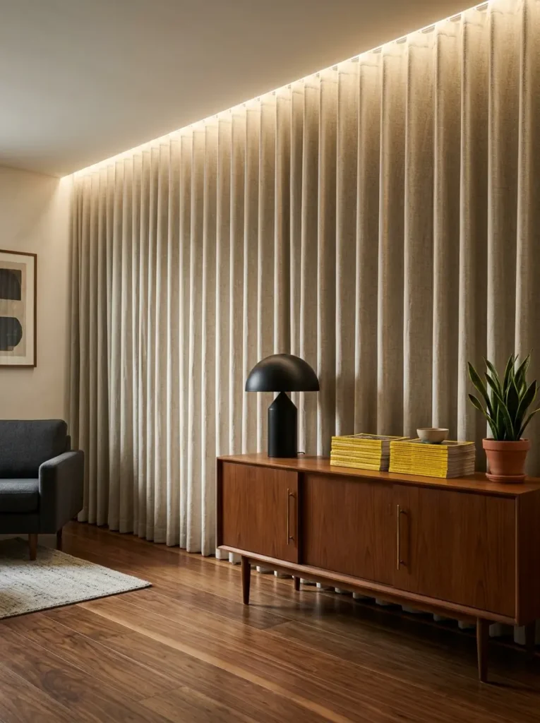 Hidden ceiling lights washing down a curtain wall as lighting for dark apartments.