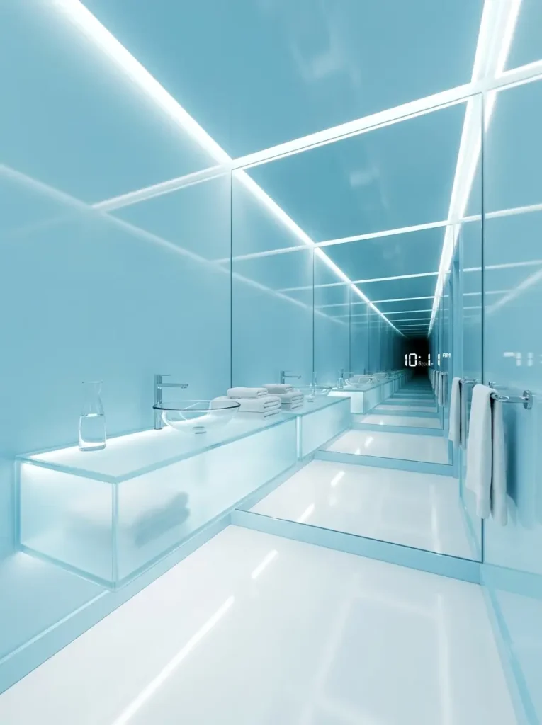 Bright Icy Blue Mirror Bathroom Light blue glossy bathroom with infinity mirror effect