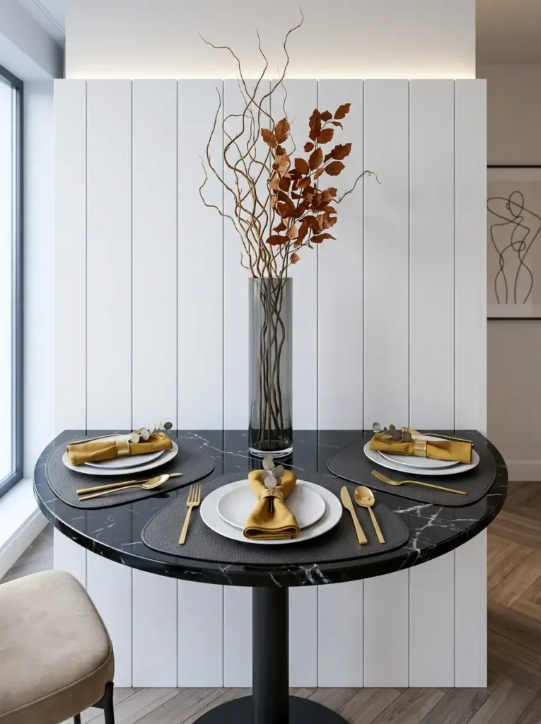 Black marble semi circle table pushed flush against a white paneled wall set for dining