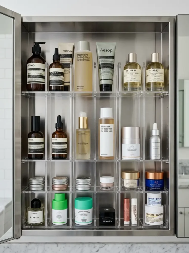 Clear acrylic stands arrange lotion bottles and face creams by height inside a shiny metal cabinet.