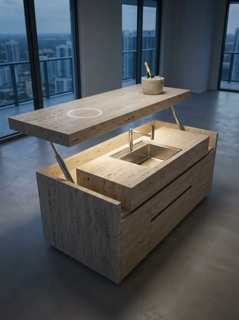 A solid travertine stone kitchen island with the top layer lifted by hydraulic arms to expose a stainless steel sink underneath.