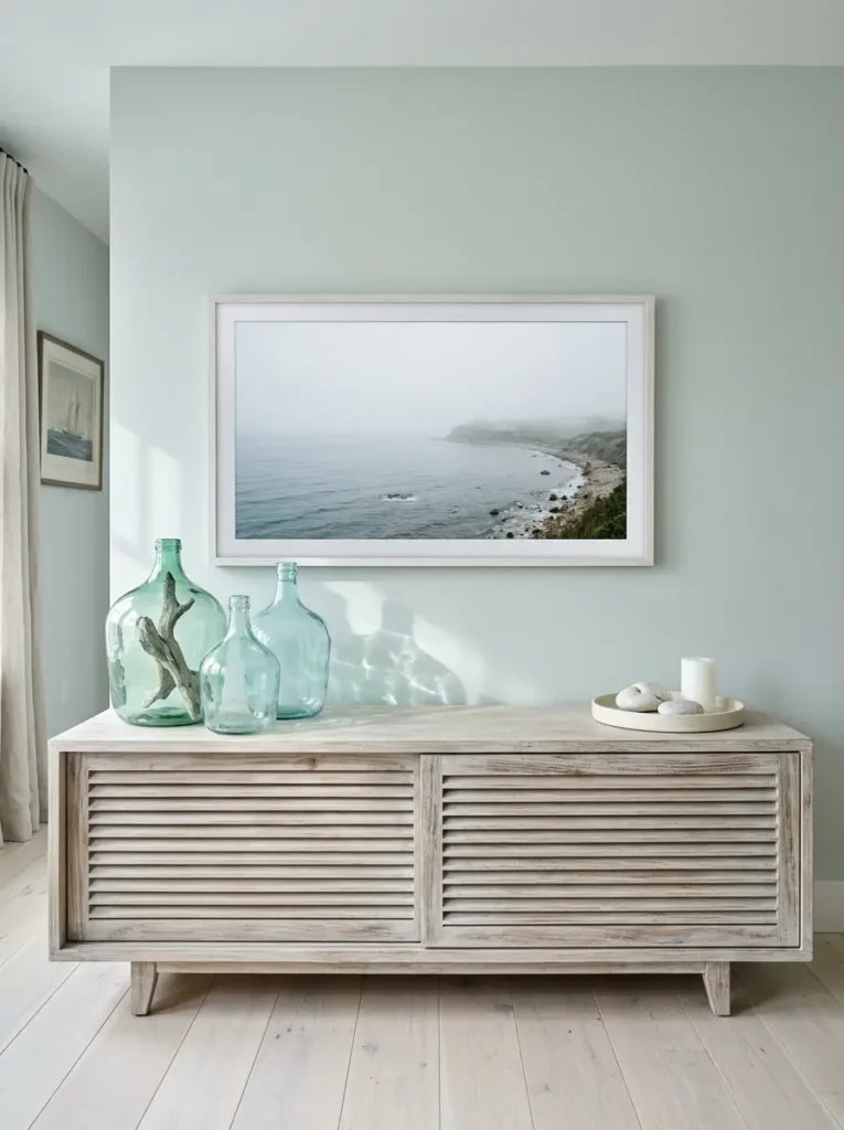 Subtle mint green backdrop with a weathered console forms a coastal small living room tv wall.
