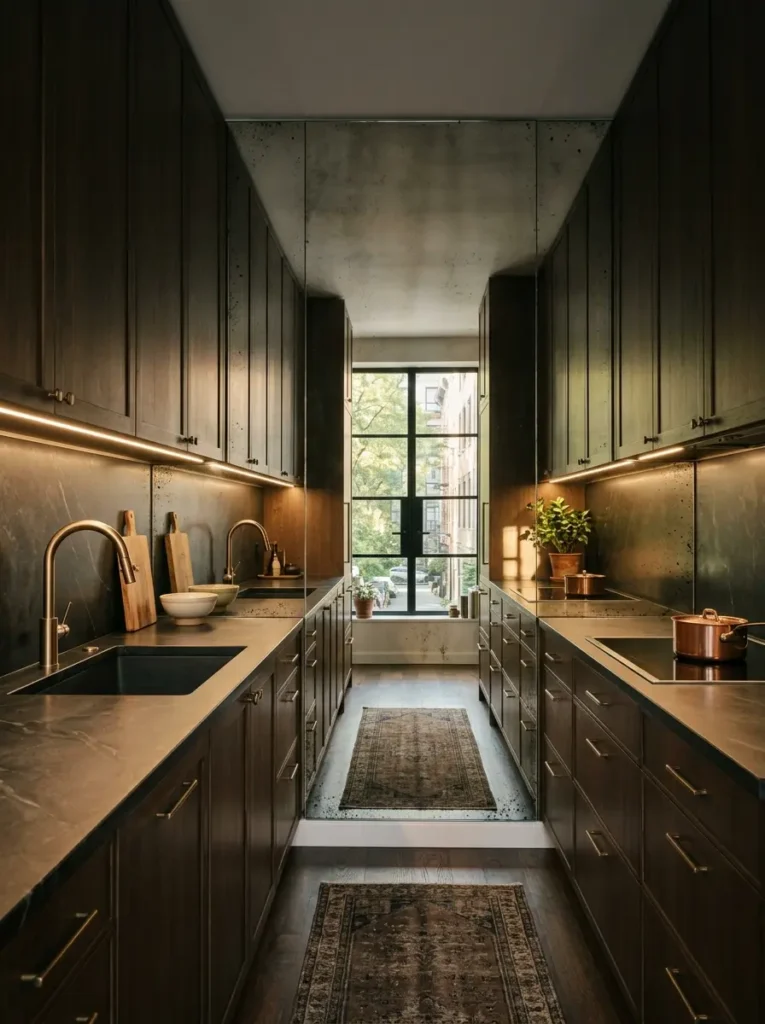 Dark wooden cabinets lining a narrow kitchen with reflective mirror panels covering the entire backsplash area bouncing light around the room.
