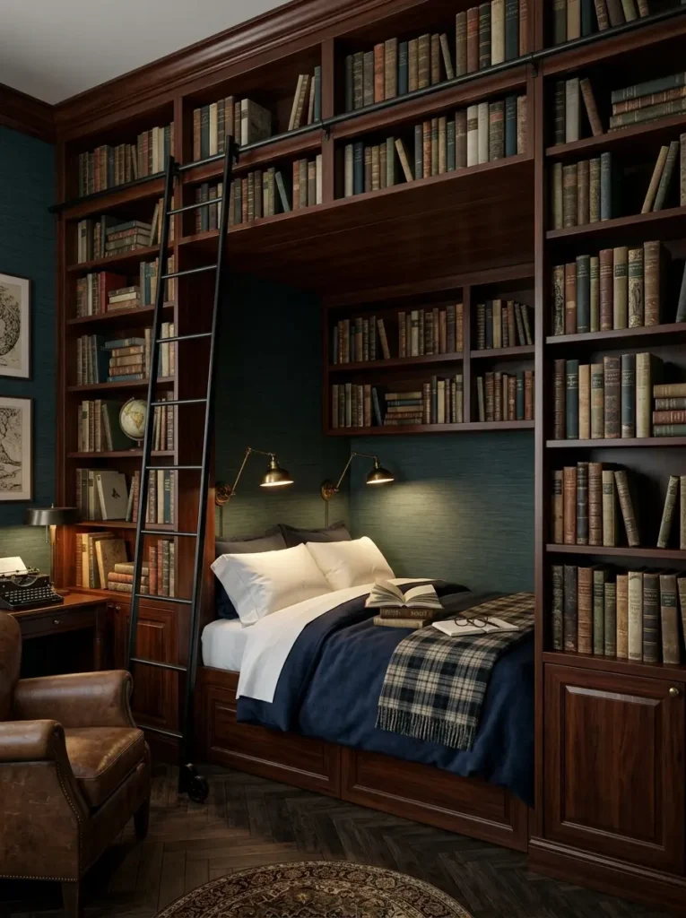 Cozy sleeping nook surrounded by tall dark mahogany bookshelves filled with vintage books and a black rolling ladder