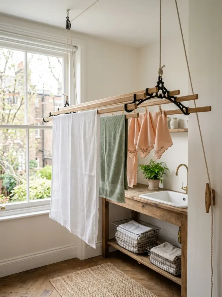 Ceiling mounted drying racks suspend soft towels via pulleys.