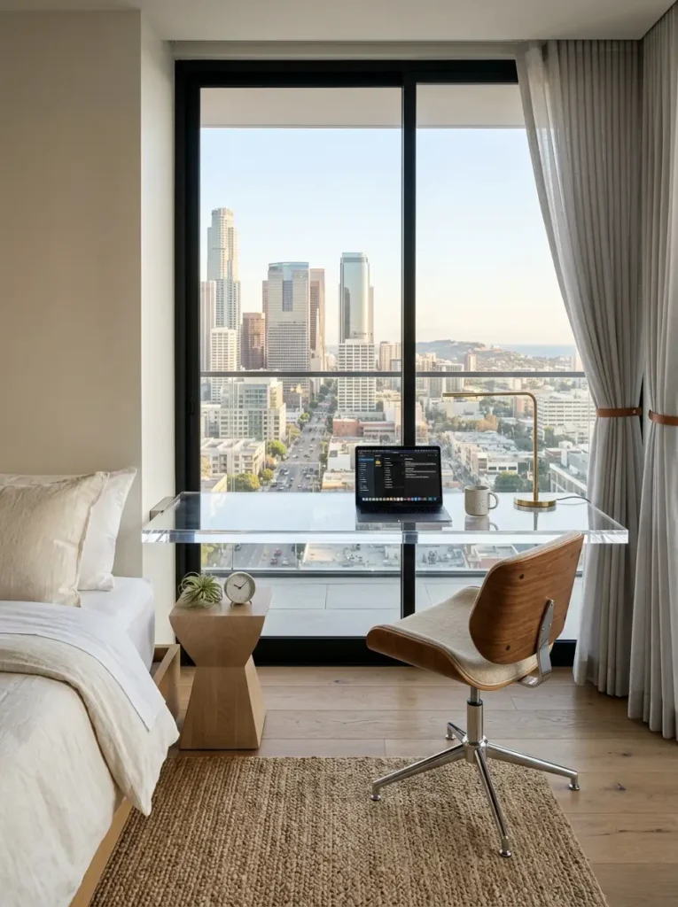 Transparent acrylic desk in front of a city view window.