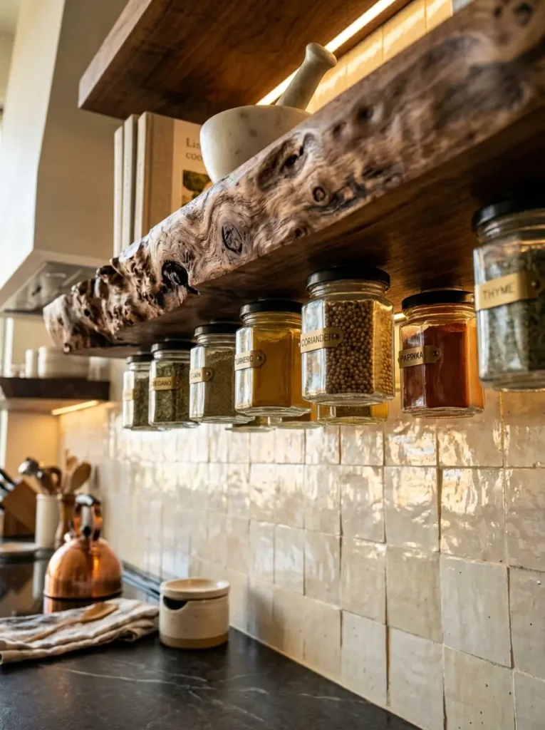 Thick rustic wood floating shelf with glass spice jars attached underneath the bottom surface.