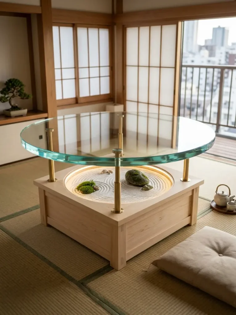 Glass Zen Garden Table Round glass table over a square wooden base containing an illuminated zen rock garden.