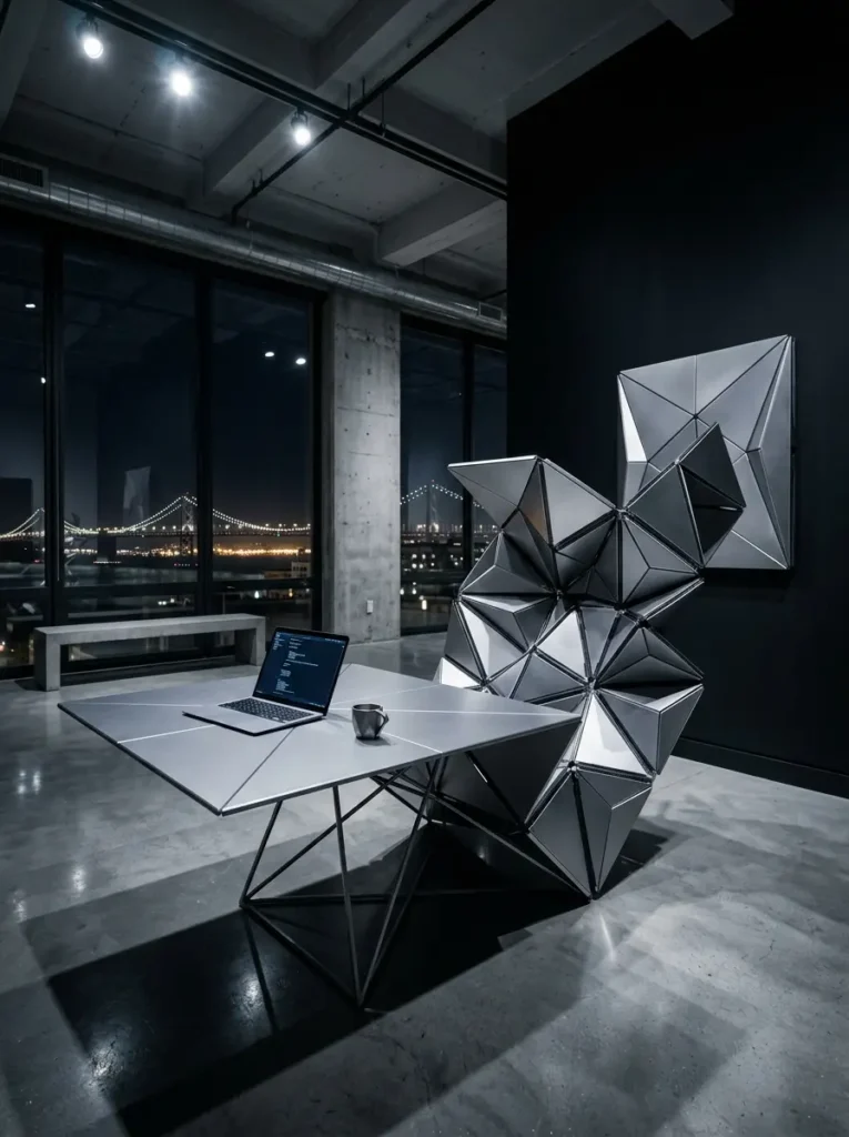 Geometric Metal Origami Fold Down Art Silver geometric origami space saving dining table folded down from a black wall.