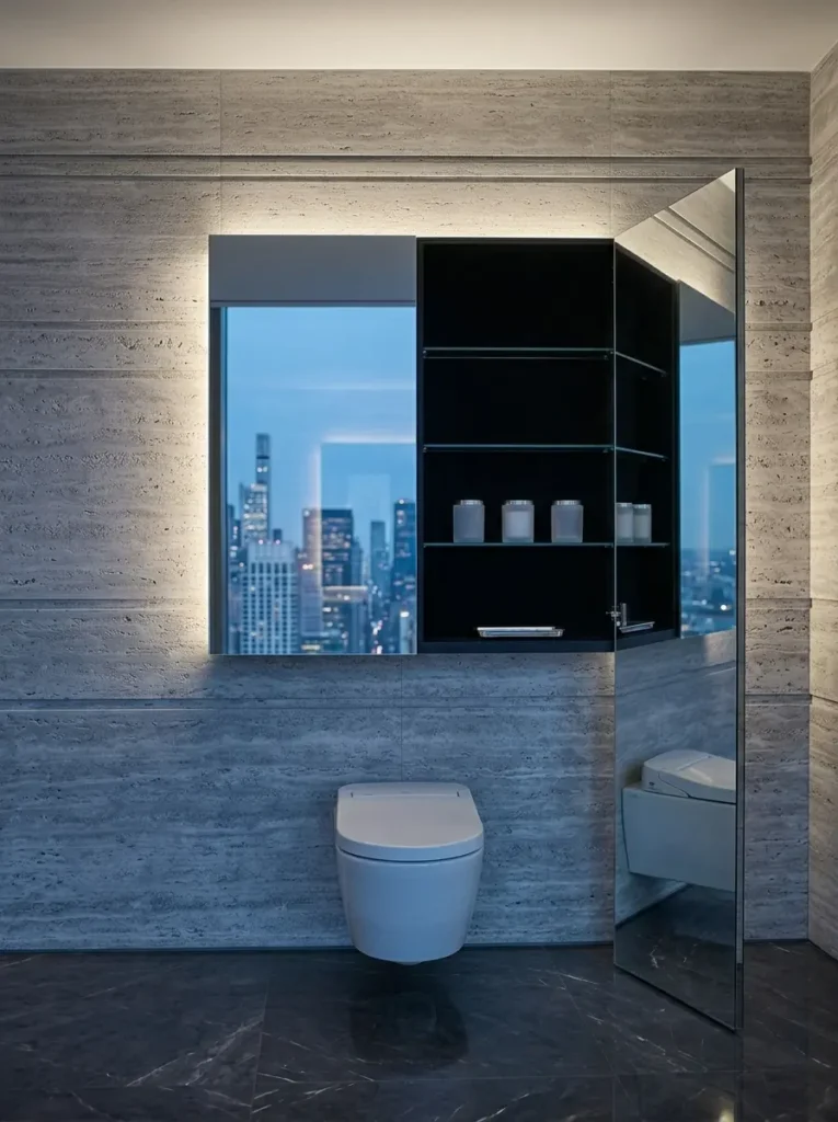 Triangular mirrored corner cabinet reflecting a city skyline over a toilet