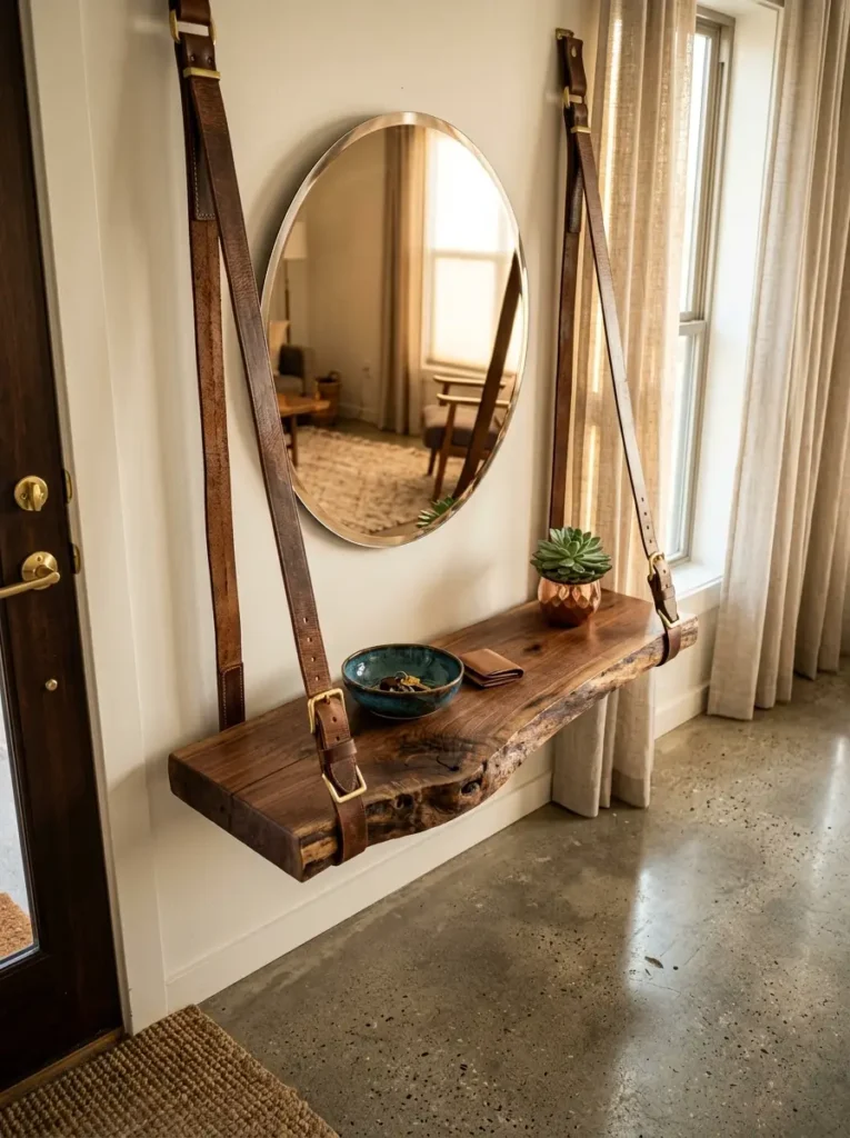 Thick wooden slab shelf hangs suspended by two brown leather belts below a round frameless mirror.