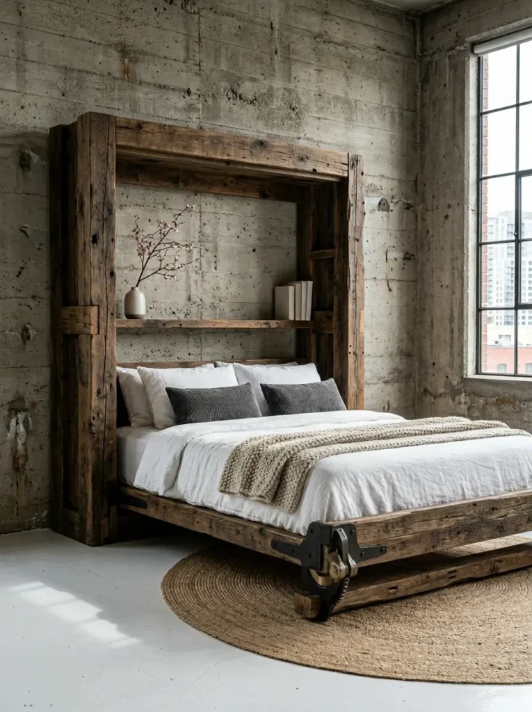Reclaimed Timber Frame Bed Massive rustic affordable murphy bed built from rough hewn reclaimed timber beams against a concrete wall.