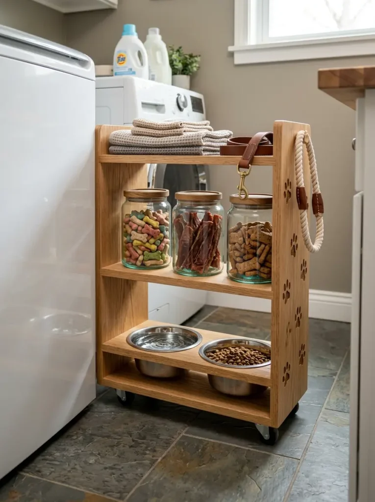 Oak wood cart with paw print cutouts holding dog food and treats