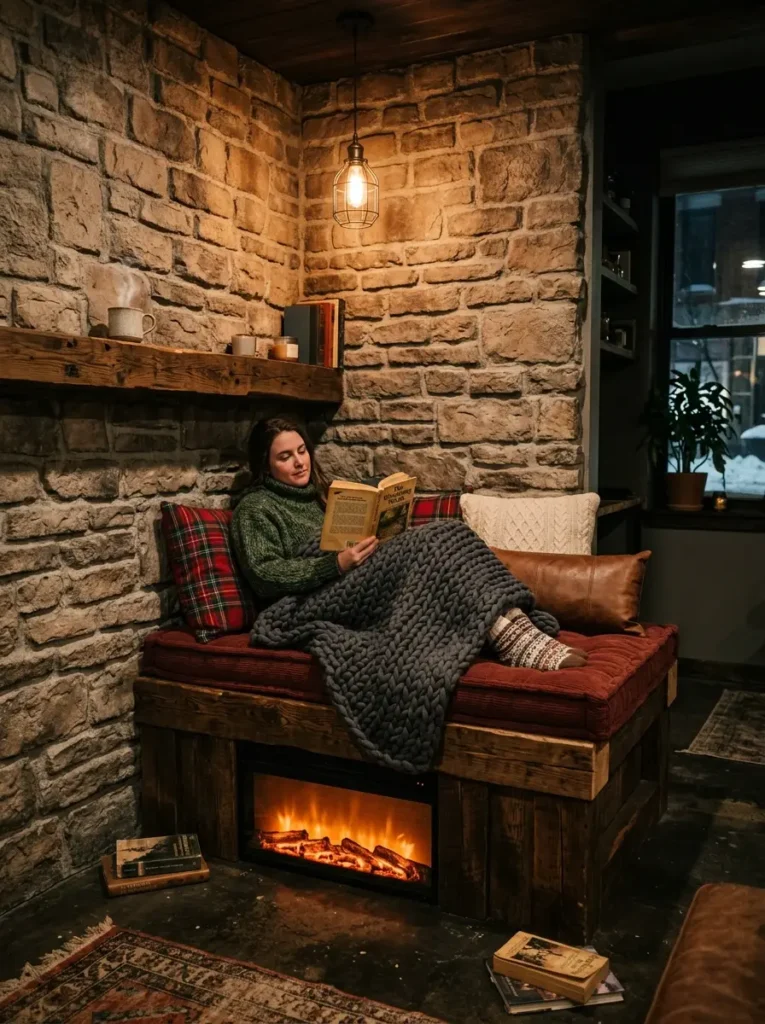 Stone Fireplace Bench Woman relaxing on a bench with a built in fireplace surrounded by stone walls.
