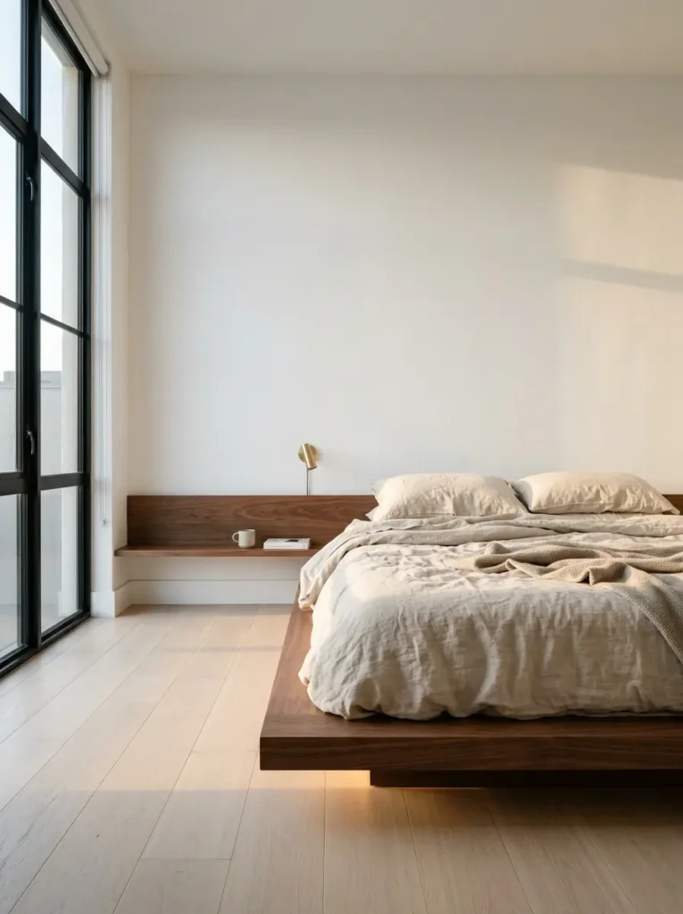 Low Wooden Platform Bed Low wooden platform bed with natural linen sheets sitting close to the light wood floor.